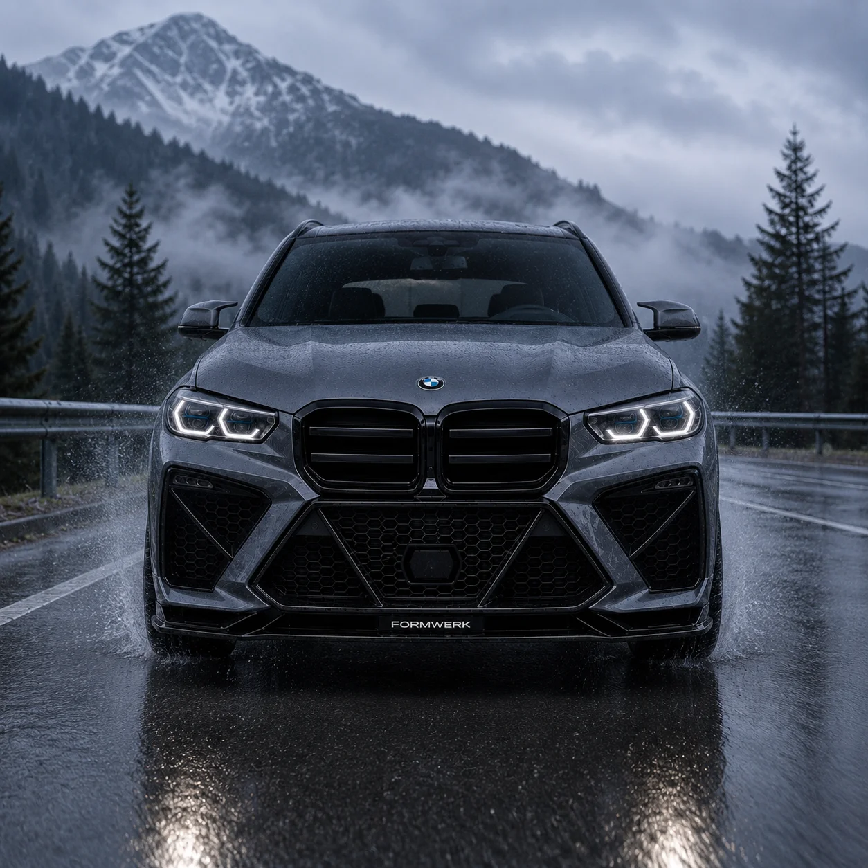 The complete Bulldog front on a grey X5, head-on.