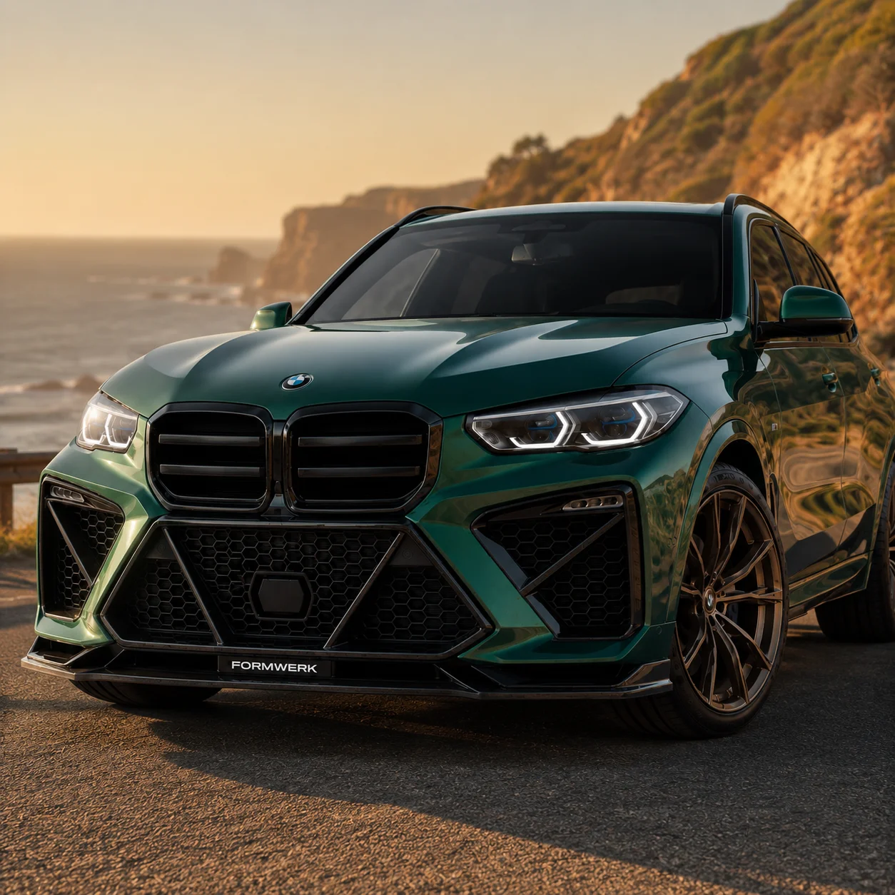 a green X5 with the Bulldog front on a coast road.