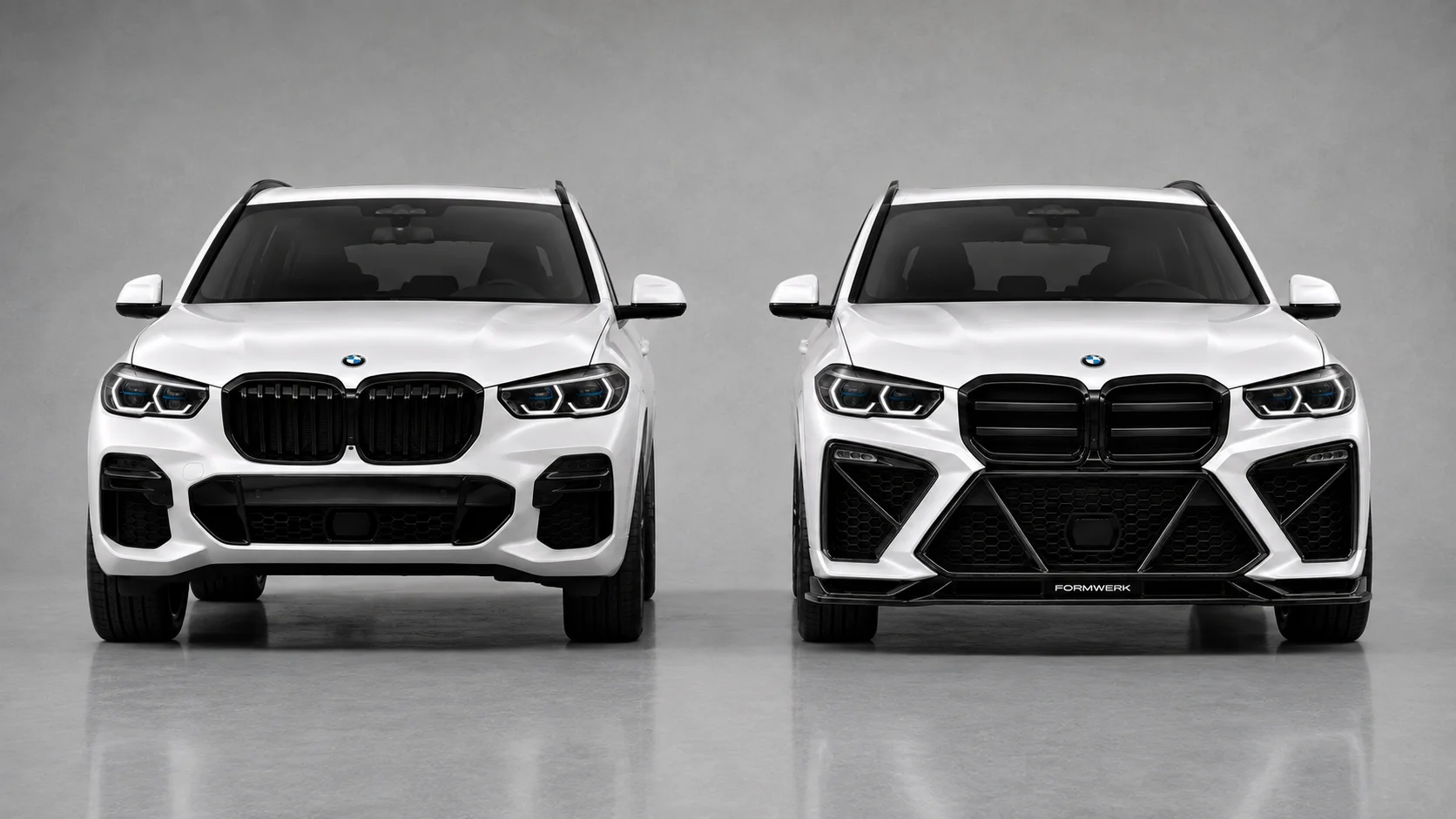 the standard M Sport front on the left, the Bulldog front on the right, same car and same angle.